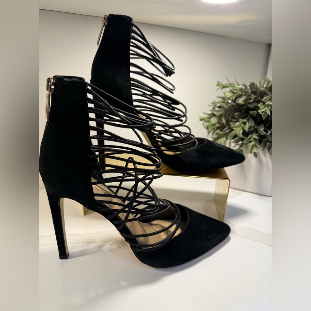 Black Suede Strappy Stiletto Heels with Pointed Toe